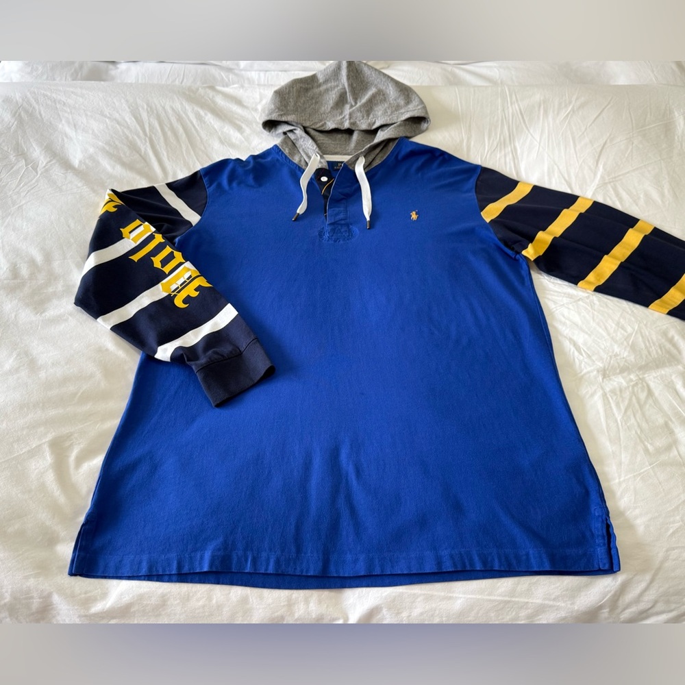Polo Ralph Lauren | XLT | Blue Yellow Hooded Rugby Striped | Sleeve Spell Out